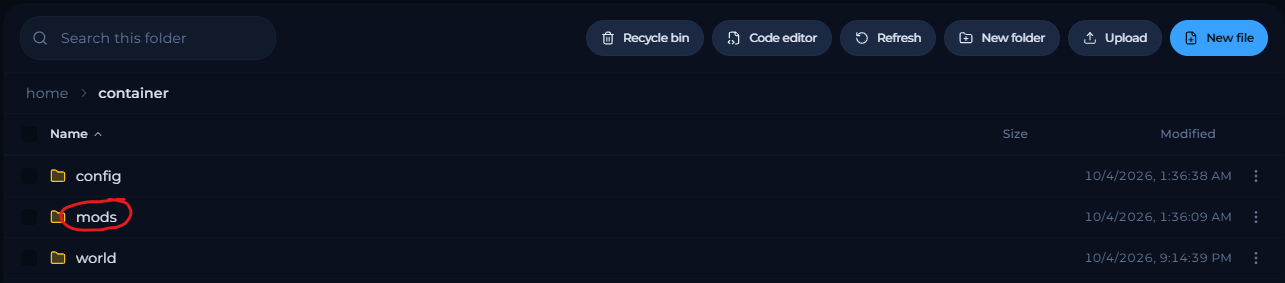 The mods folder in the file manager
